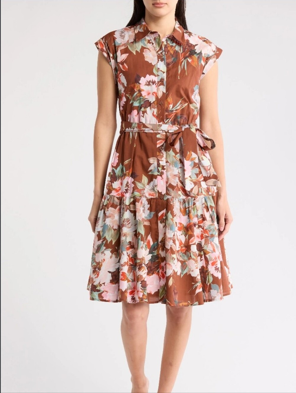 Calvin Klein Floral Tiered Midi Shirt Dress Size 12 Brown Belted Button Front